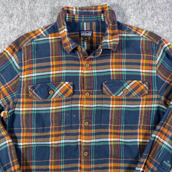 Patagonia Fjord Shirt Mens M Blue Flannel Pockets Organic Cotton Flawed Bleach - Picture 1 of 11